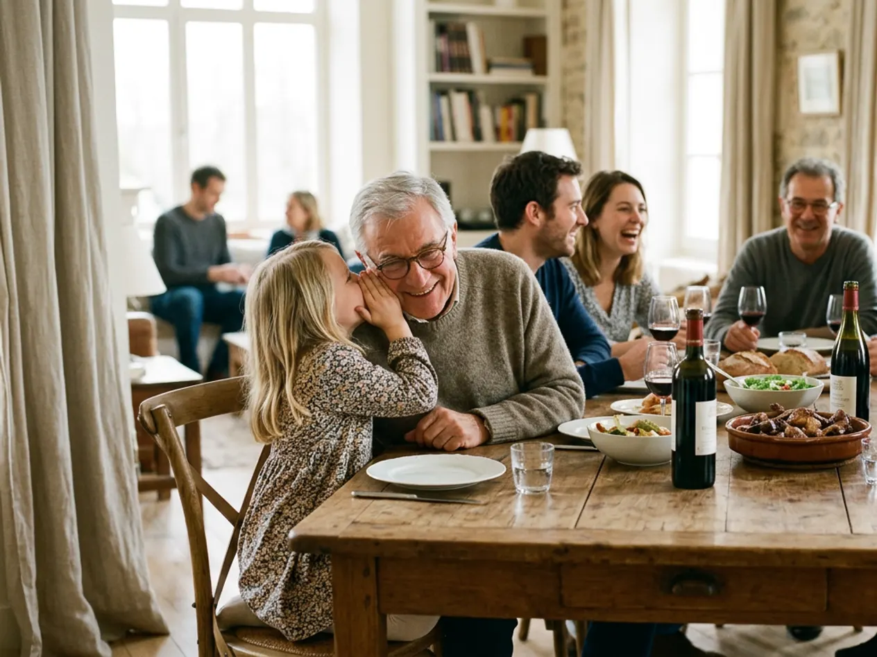 Autour d’une grande table de famille, une petite-fille chuchote un secret à l’oreille de son grand-père, qui sourit