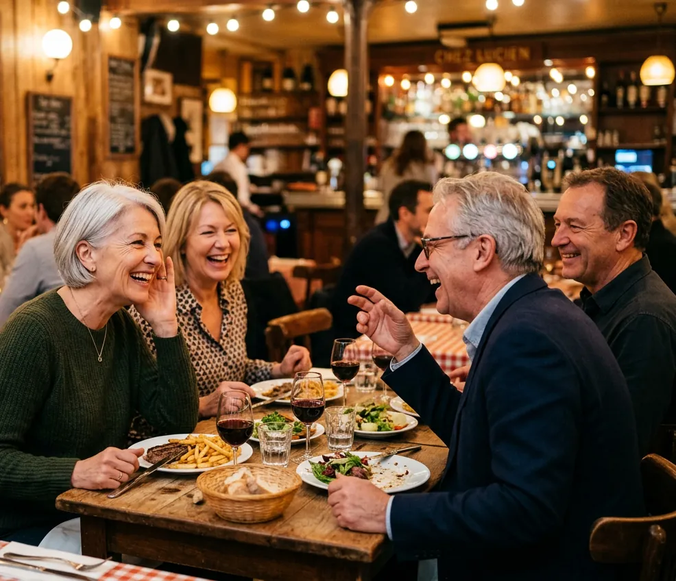 Quatre amis d’une soixantaine d’années rient autour d’une table de bistrot ; l’une d’elles tend l’oreille pour suivre la conversation